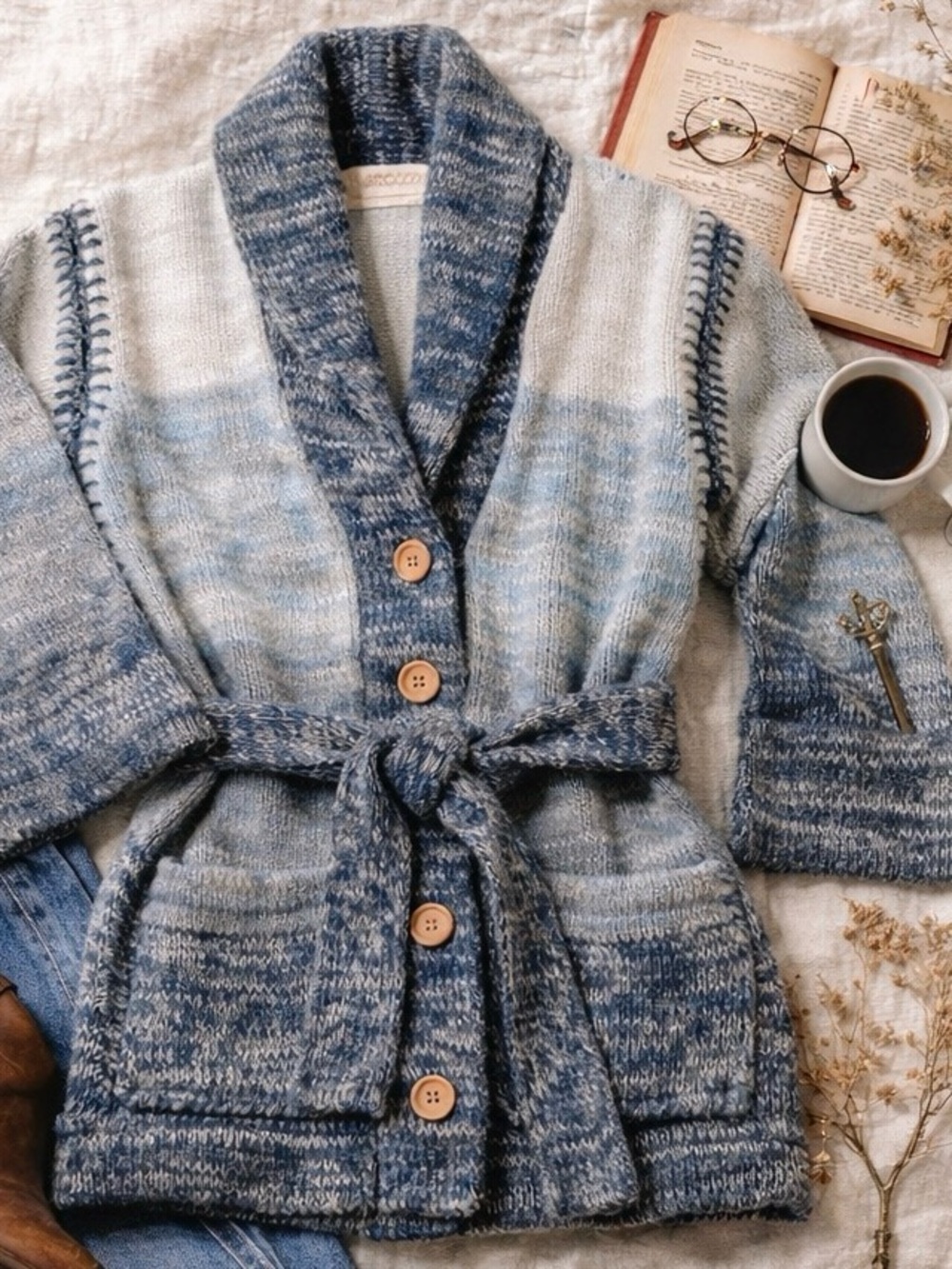 Vintage Sirocco Blue & Gray Shawl Collar Cardigan Sweater